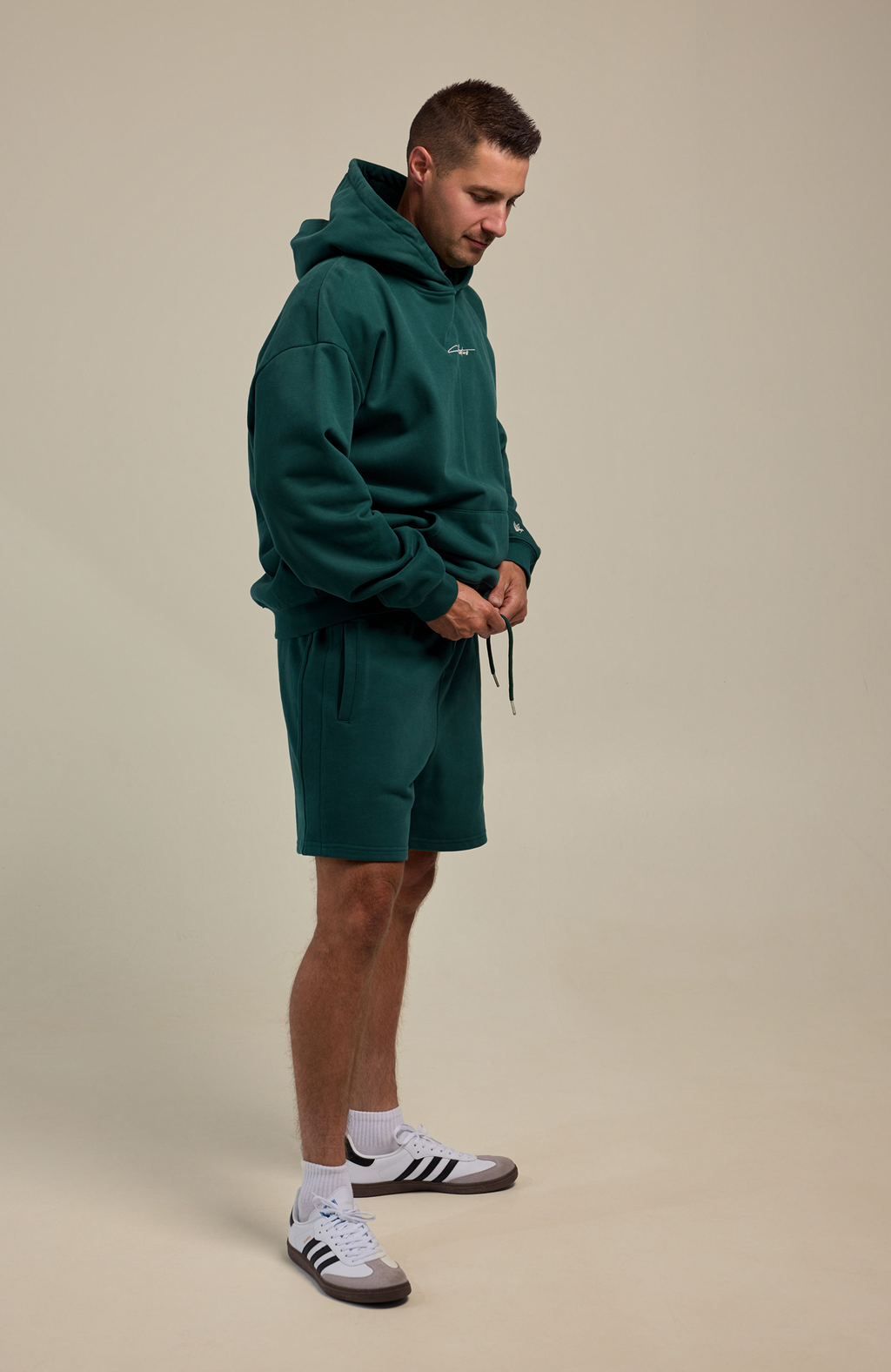 About Us Elements Hoodie and Jogger Set in Caspian Green — 100% cotton 460gsm, full set view