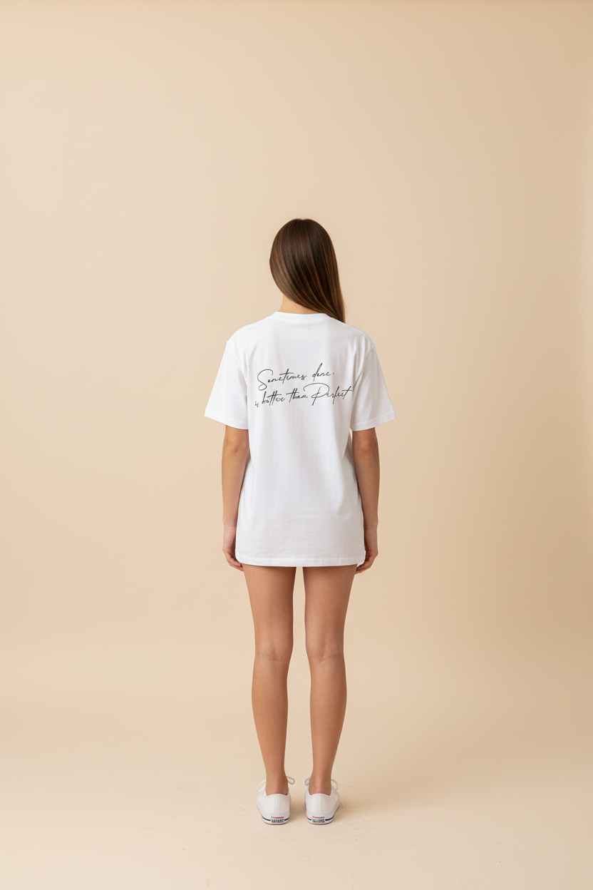 About Us Sometimes Done Is Better Than Perfect T-Shirt — chest statement graphic detail