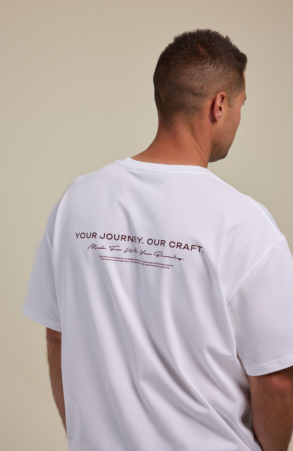 About Us Your Journey Our Craft Essential Training T-Shirt — 180gsm 100% cotton, White