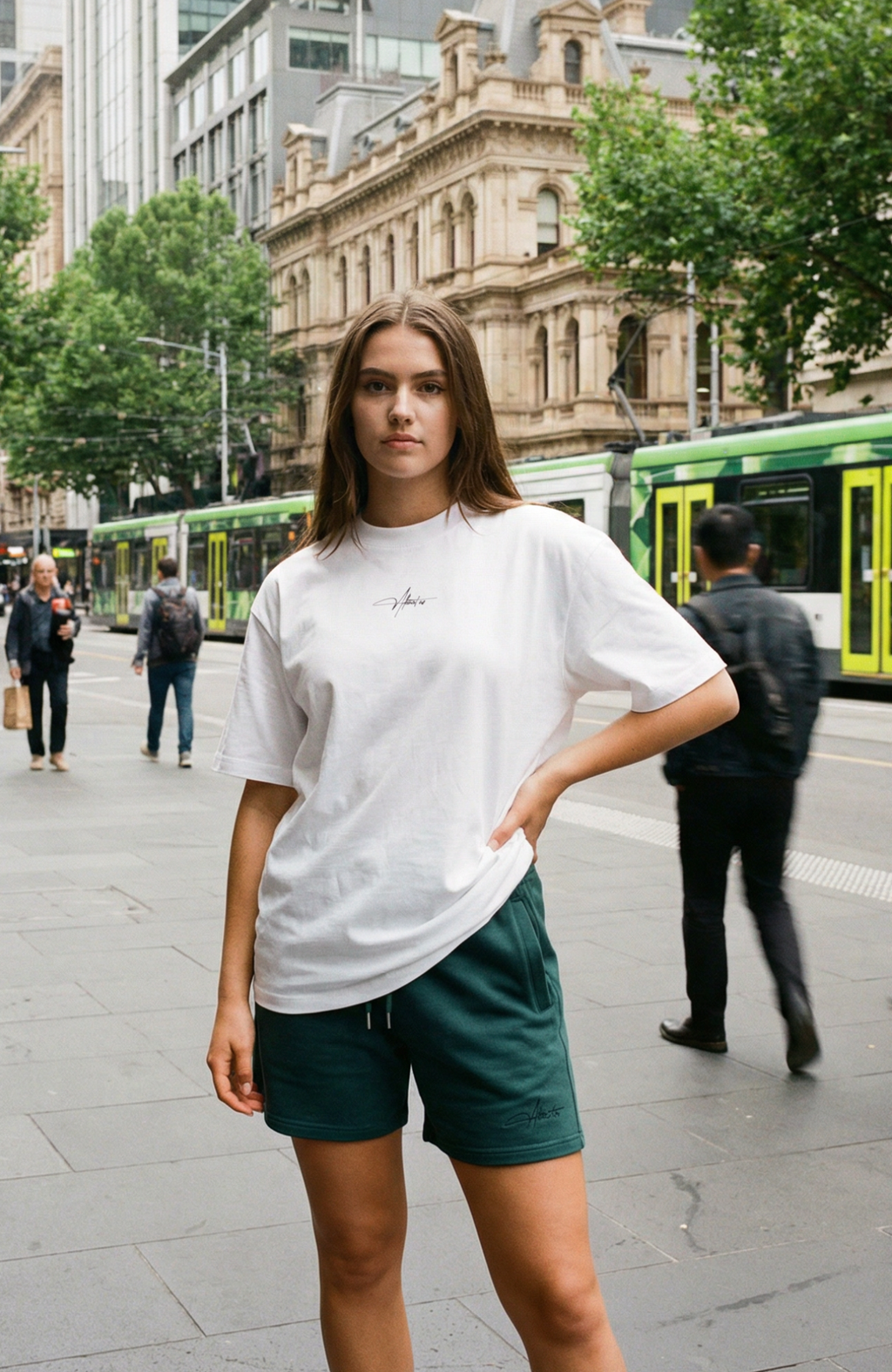 About Us Elements Shorts in Caspian Green — lifestyle shot, heavyweight cotton shorts