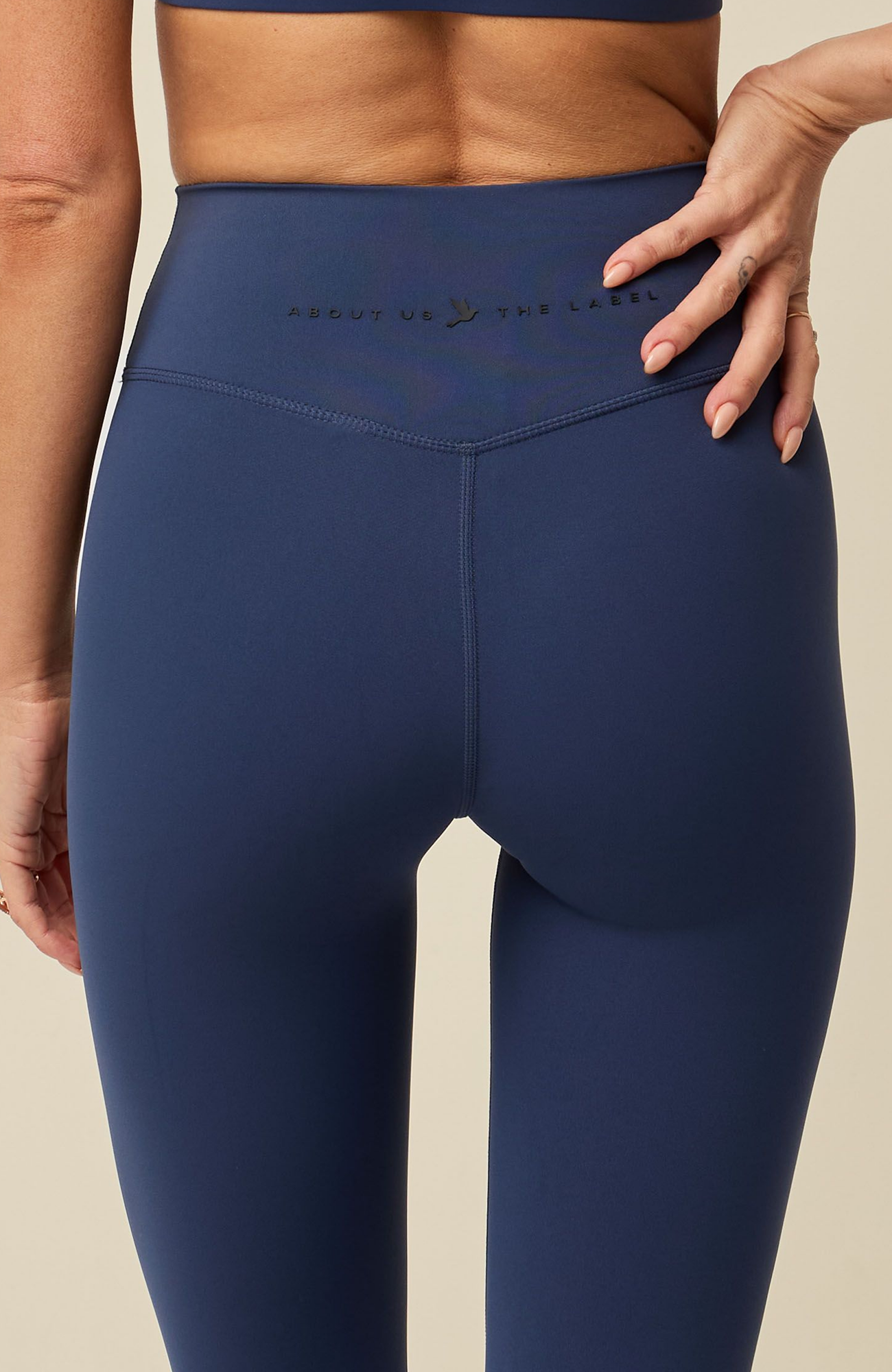 About Us Aura navy sports leggings, back waistband detail