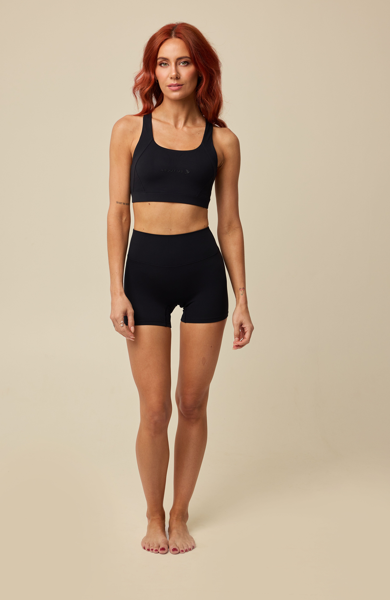 About Us Aura navy active shorts, front view