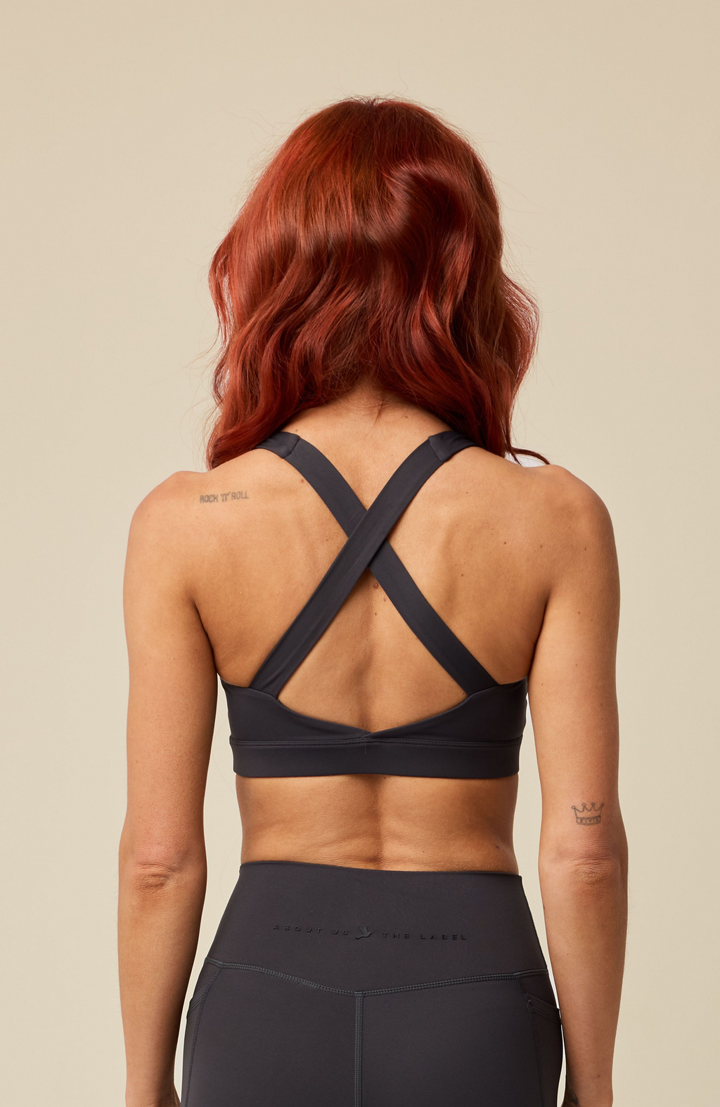 About Us Aura gray sports bra, back detail