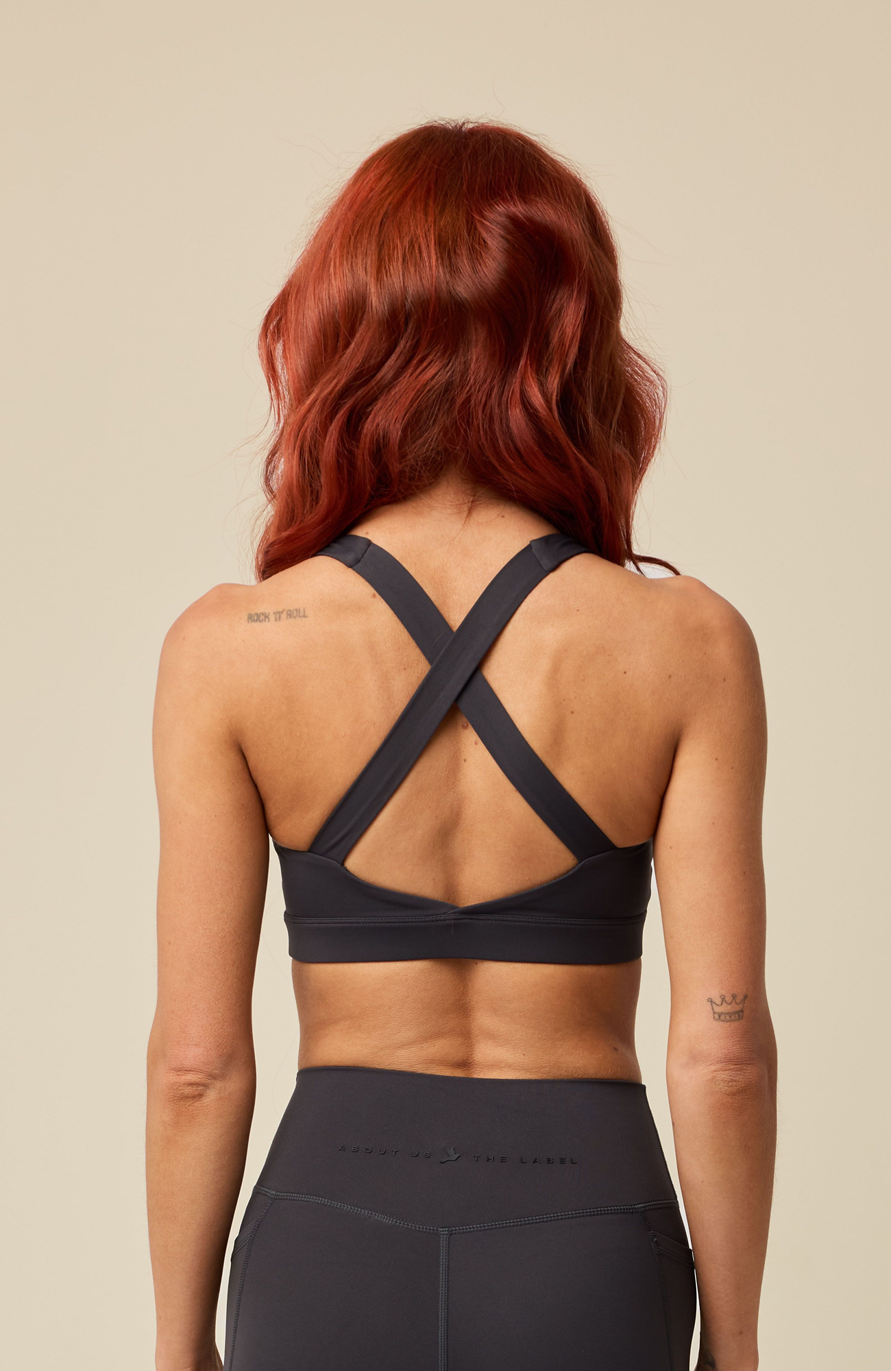 About Us Aura gray sports bra, back detail